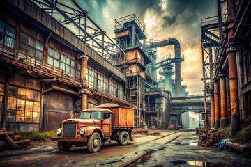 Fototapeta premium Rusting machinery stagnates in deserted factories, while a lone electric truck stands sentinel, its muted steel exterior reflecting the gritty, gray surroundings.