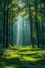 Obraz premium Serene Forest with Sun Rays and Mist