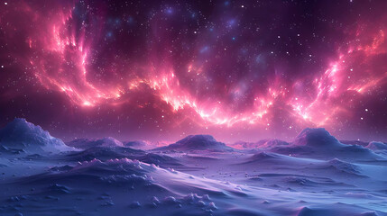 Naklejka premium Pink Nebula Over an Alien Landscape 3D Illustration