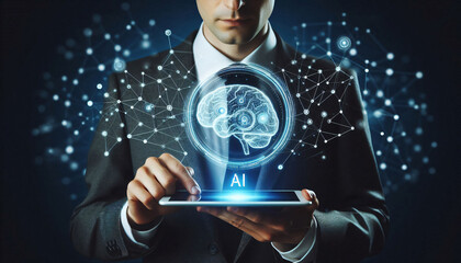 AI digital technology, Businessmen demonstrate to use AI artificial intelligence technology to analyze data increase work efficiency