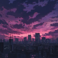 Stunning city skyline at dusk with vibrant pink and purple clouds.