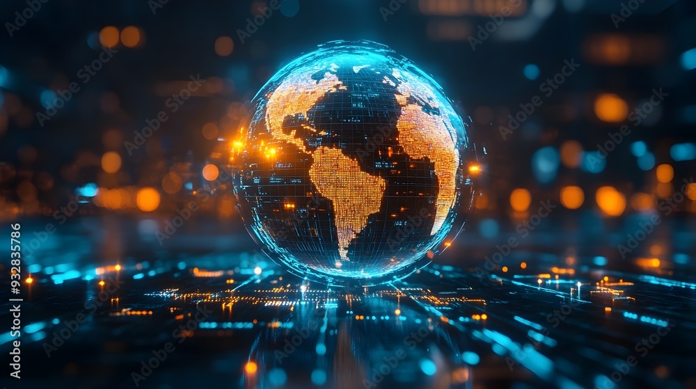 Poster Glowing holographic globe with data points and connections symbolizing the power of AI driven predictive models and data visualization for global analysis and forecasting