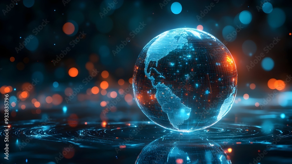 Poster Glowing holographic globe with swirling data points and digital light patterns representing the visualization of predictive AI powered analytics forecasting and global intelligence