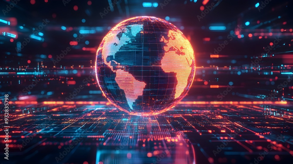 Poster glowing ai powered holographic globe visualizing global data analysis and forecasting for predictive