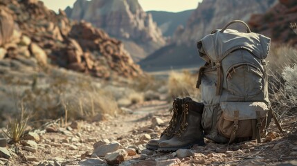 Fototapeta premium Dusty backpack and worn hiking boots resting beside a rocky desert trail