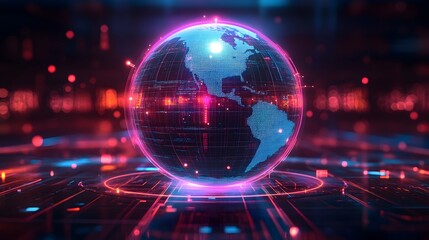 Fototapeta premium Glowing AI Powered Predictive Model Visualized as Holographic Globe with Data Points Symbolizing Global Forecasting and Analysis for Business Finance and Strategic Decision Making
