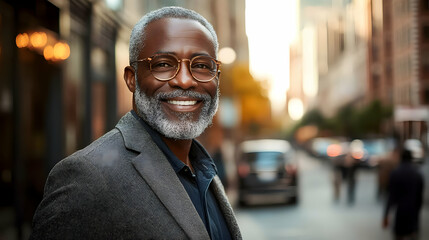 Fototapeta premium A smiling man in a gray jacket and glasses standing on a city street.