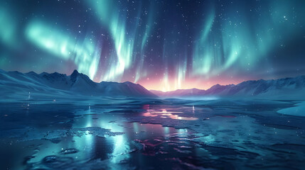 Fototapeta premium Northern Lights Over Snowy Mountains - Winter Landscape Illustration
