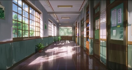 The hallway shows detailed classroom doors and bright sunlight streaming in, creating a warm atmosphere with greenery alongside