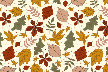 Pattern with autumn leaves, vector seamless background with leaf fall in warm colors, botanical print for printing on fabric, gift paper and wallpaper