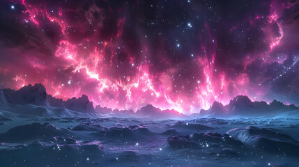 Pink Aurora Borealis Over Snowy Mountains - 3D Illustration