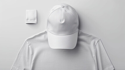 White cap mockup with shirt flat lay on a grey background, white hat and t-shirt template. Created with Ai
