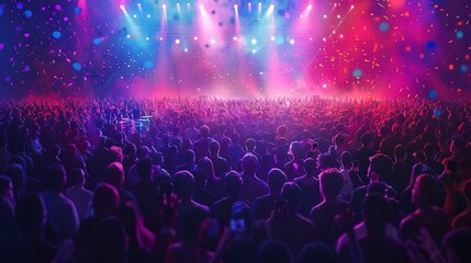 Crowd at a concert with colorful stage lights and conference. Generative Ai