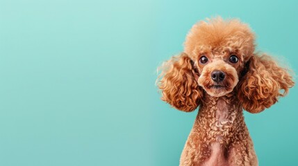 A focused Poodle dog captivates on a serene light blue background, providing ample copy space perfect for text and creative projects.
