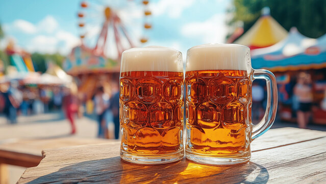 Zwei frisch gezapfte Ma&szlig; Bier vom Fass beim Jahrmarkt im Herbst
