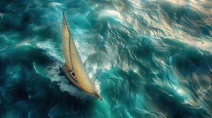 Aerial View of a Sailboat Navigating Turquoise Waters Captured by Drone on a Sunny Day
