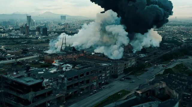 Explosion at abandoned factory in urban area during late afternoon