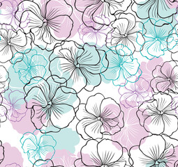 Hand draw exotic flowers illustration seamless pattern. Contemporary line floral. Abstract floral pattern.