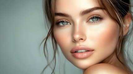 Fototapeta premium Close-up portrait of a beautiful woman with natural makeup and soft lighting.