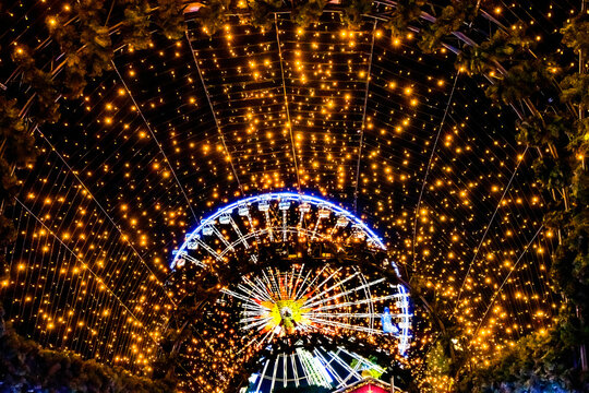 Colorful illuminated ferris wheel, Nice, Cote d'Azur, France.