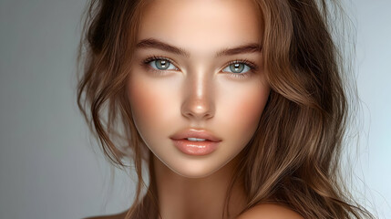 Naklejka premium Close-up portrait of a beautiful young woman with long brown hair and blue eyes.