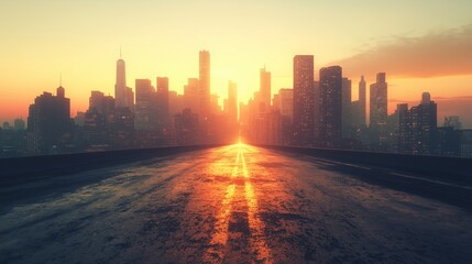 A wide,  golden sunset reflects on an empty urban road lined with skyscrapers, creating a warm, glowing cityscape.