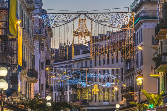 Colorful illuminated Christmas decoration, Nice, Cote d'Azur, France