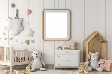 A whimsical colorful blank wall photo frame in a child toy elements, 3d render