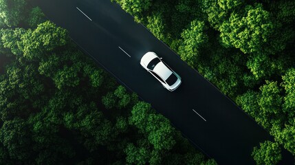 Top view of a white electric vehicle traveling along the elevated Dark Green Forest Road, which encircles a natural forest. idea of protecting transportation and the environment by driving an electric