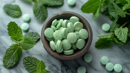 Bowl of pale green mint tablets surrounded by fresh mint leaves on marble surface. Concept of natural remedies and herbal medicine.