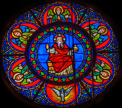 God Angels Holy Spirit stained glass, Basilica Notre-Dame De Nice, Cote d'Azur, France. Constructed 1860's Largest church in Nice