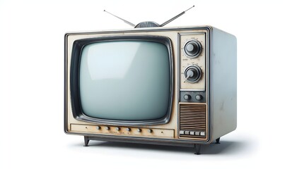 An old vintage retro tv television set with blank screen and isolated on a white background.