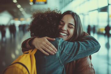 Two friends share a joyful reunion hug at an airport, enveloped in an emotional and warm atmosphere. The scene captures the heartfelt moment of reconnecting, filled with happiness and warmth.