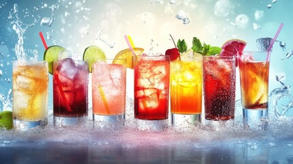 Fototapeta premium A row of colorful drinks with ice cubes in them