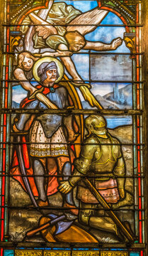 Saint Wenceslaus stained glass, Notre-Dame De Nice, Cote d'Azur, Nice, France. King Bohemia died Christian Martyr 935 Glass by Charles Champigneulle.