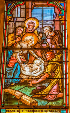 Nativity stained glass, Basilica Notre-Dame De Nice, Cote d'Azur, France. Constructed 1860's by Charles Champigneulle.