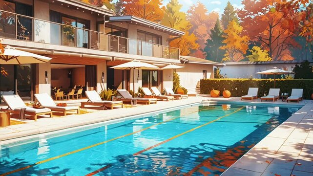 Modern resort interior with beautiful autumn atmosphere, looping video with 4K animation.