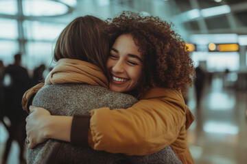 Two friends share a joyful reunion hug at an airport, enveloped in an emotional and warm atmosphere. The scene captures the heartfelt moment of reconnecting, filled with happiness and warmth.