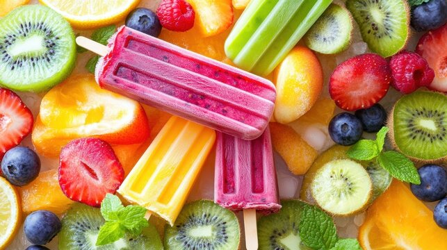 Colorful fruit popsicles on bed of assorted fresh fruits