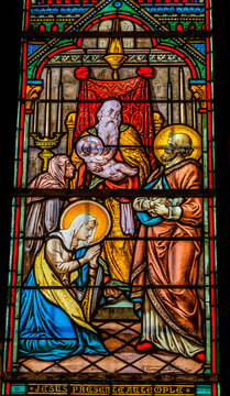 Presentation Baby Jesus stained glass, Basilica Notre-Dame De Nice, Cote d'Azur, France. Constructed 1860's by Charles Champigneulle.