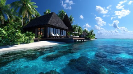 A serene tropical paradise with clear blue waters, a luxurious villa