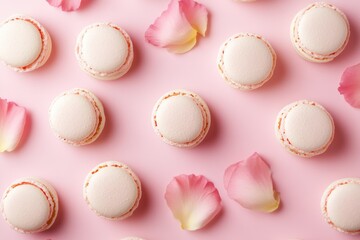 Pastel macarons petals on pink background for elegant dessert themes