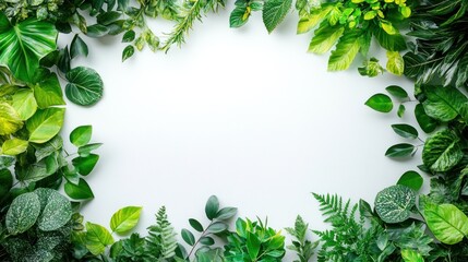 A green leafy border with a white background