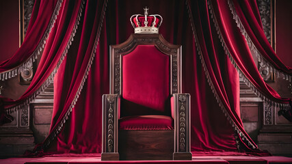 A majestic throne room resembling a cathedral, Antique armchair in the interior, Golden throne room with eagle and red carpet, A Glimpse into Regal Splendor.