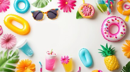 A colorful display of beach items including a cup, a donut, a pineapple