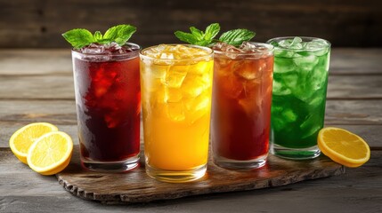 Fototapeta premium Refreshing assortment of colorful iced teas on wooden table