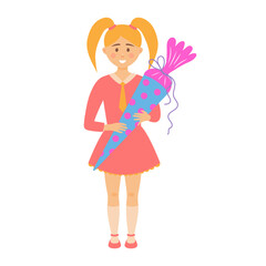 A first grader girl holding a school cone, schultute. Back to school. Happy preschooler with sweet cone.