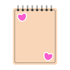 Spiral notebook with heart stickers. Sketchbook icon. Back to school, education concept. Vector illustration isolated on a white background.