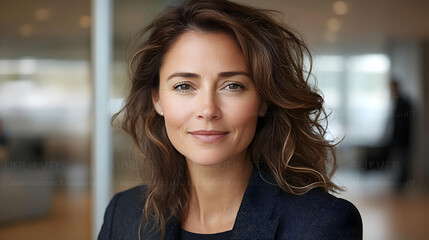 Fototapeta premium Close-up portrait of a woman with brown hair smiling.