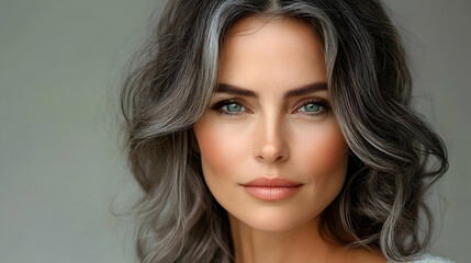 Naklejka premium Close-up portrait of a woman with gray hair and blue eyes.